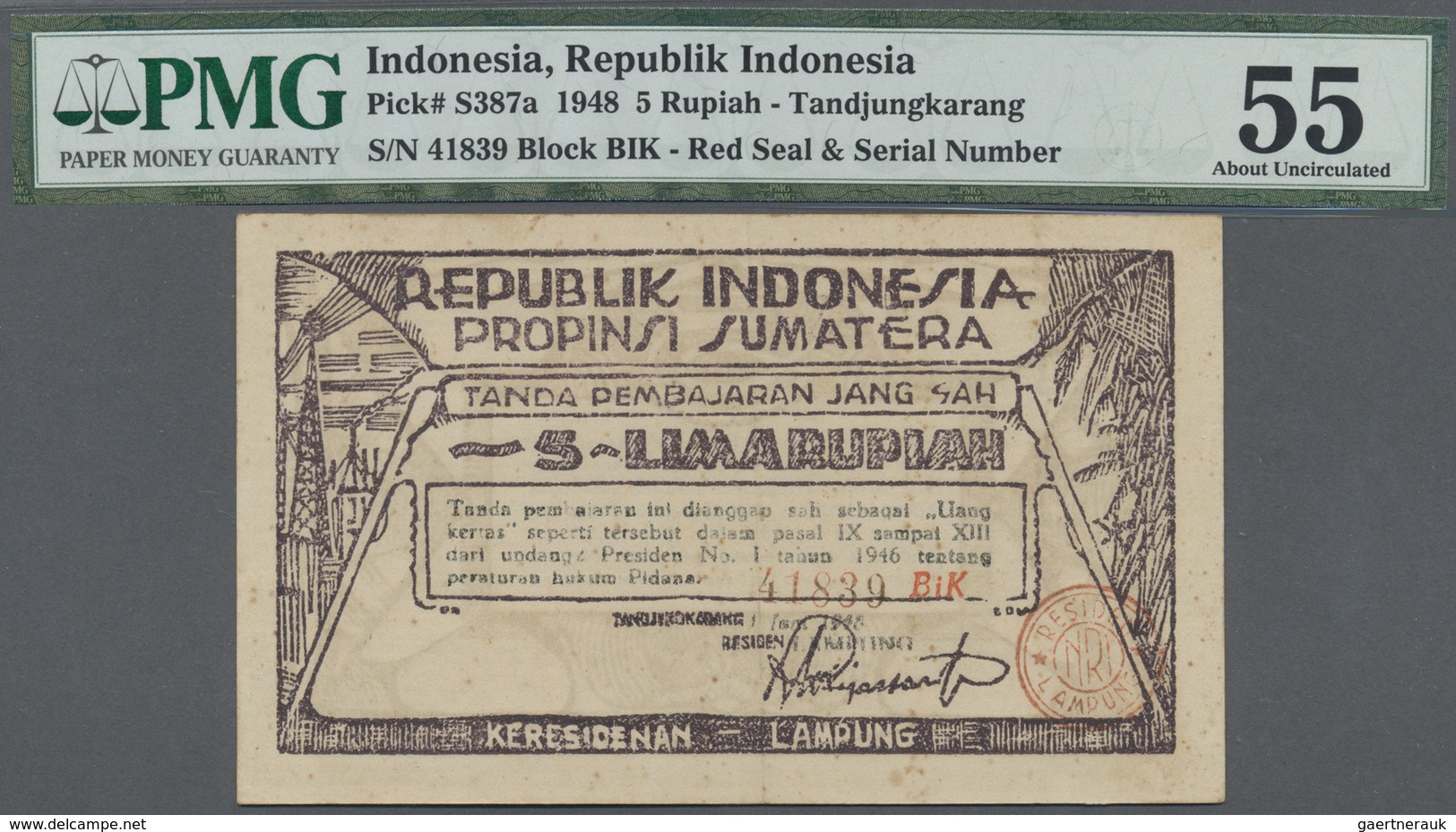 Indonesia / Indonesien: Treasury, Tandjungkarang (Lampung Residency) 5 Rupiah 1948, P.S387a, Very Ni - Indonesia