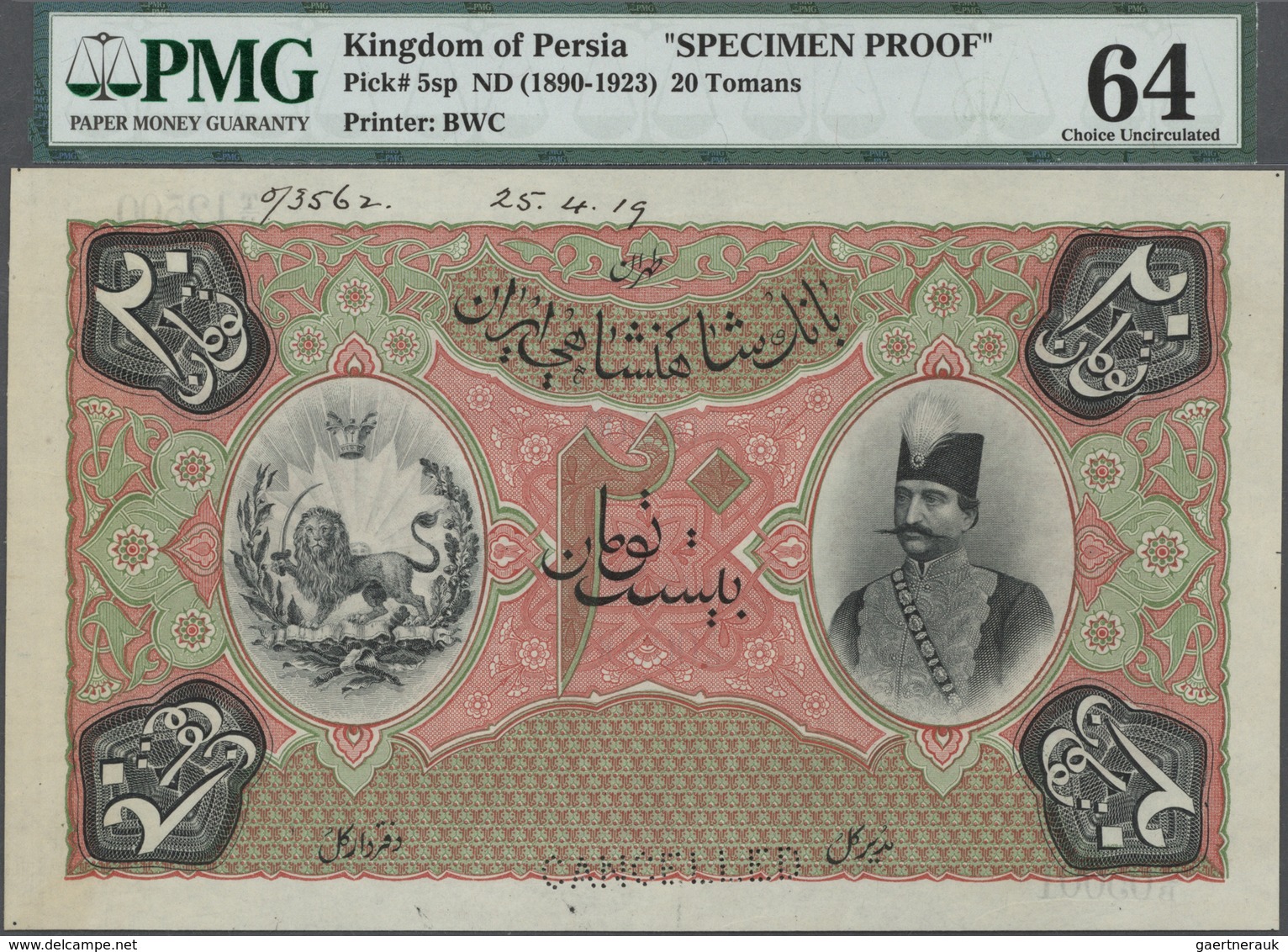 Iran: Very Rare Kingdom Of Persia 20 Tomans ND(1890-1923) Specimen Proof P. 5sp, Printers Annotation - Iran