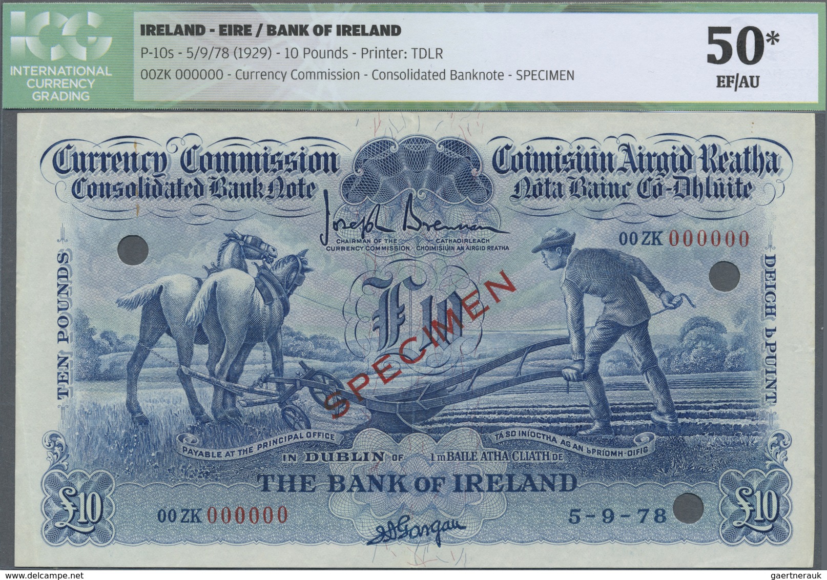 Ireland / Irland: Bank Of Ireland 10 Pounds 1929 "Ploughman" Specimen P. 10s, Rare Note, Condition: - Ireland