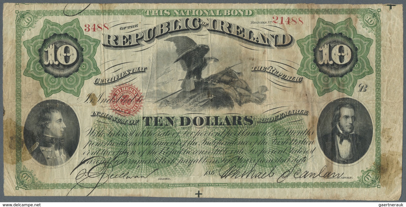 Ireland / Irland: "Republic Of Ireland" 10 Dollars 186x P. NL, Stronger Used With Strong Folds And S - Irlanda