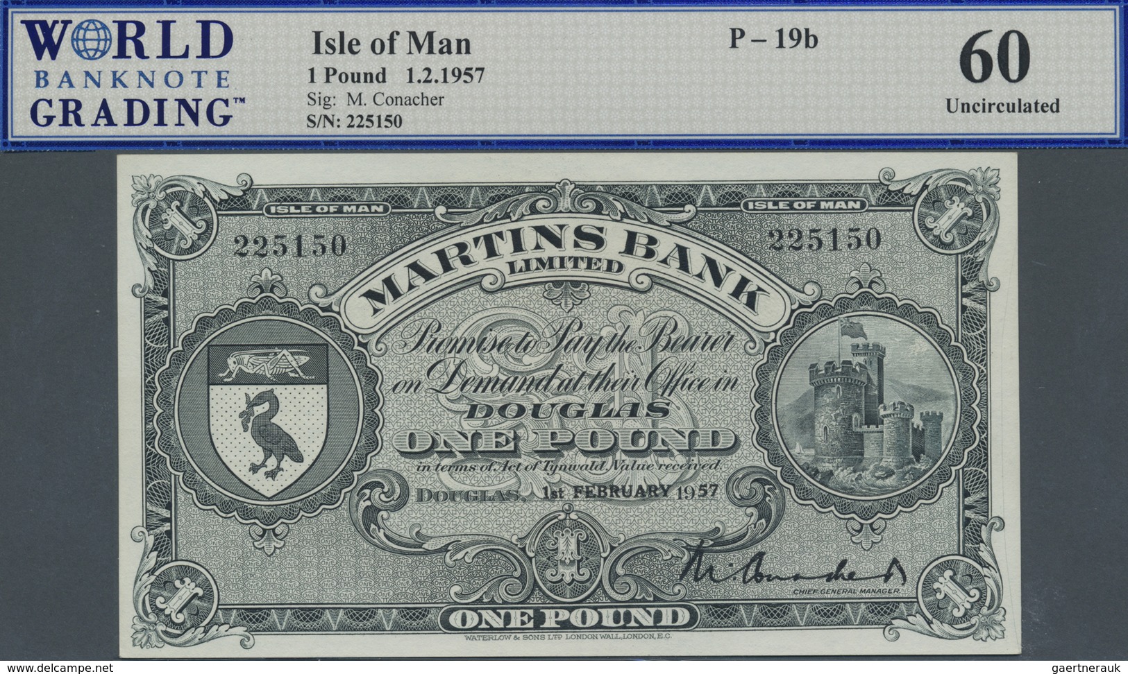 Isle Of Man: 1 Pound 1957, P.19b In Perfect Condition, WBG Graded 60 Uncirculated - Other & Unclassified