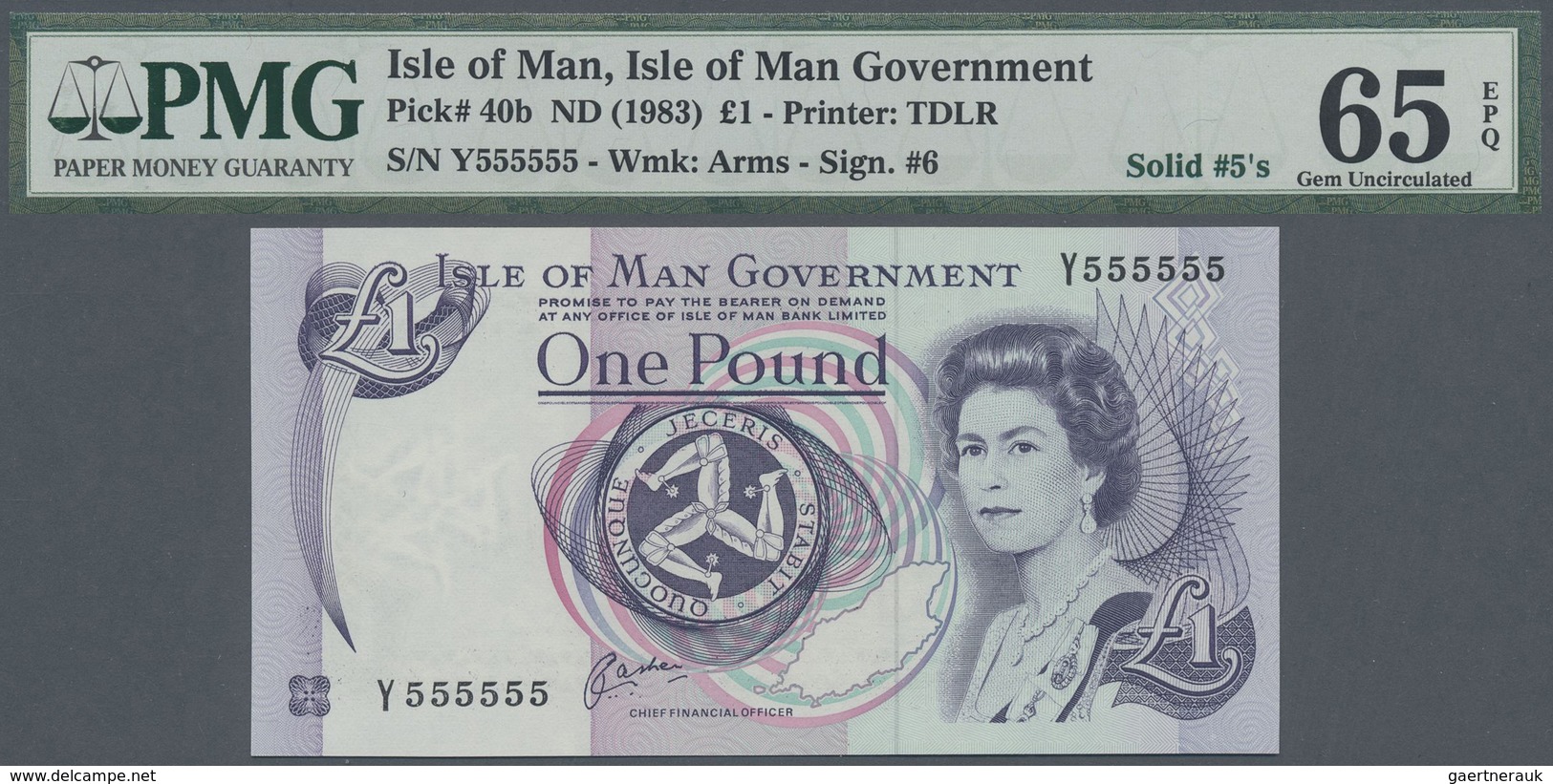 Isle Of Man: 1 Pound ND(1983), P.40b With Solid Number Y 555555 PMG 65 Gem UNC EPQ - Other & Unclassified