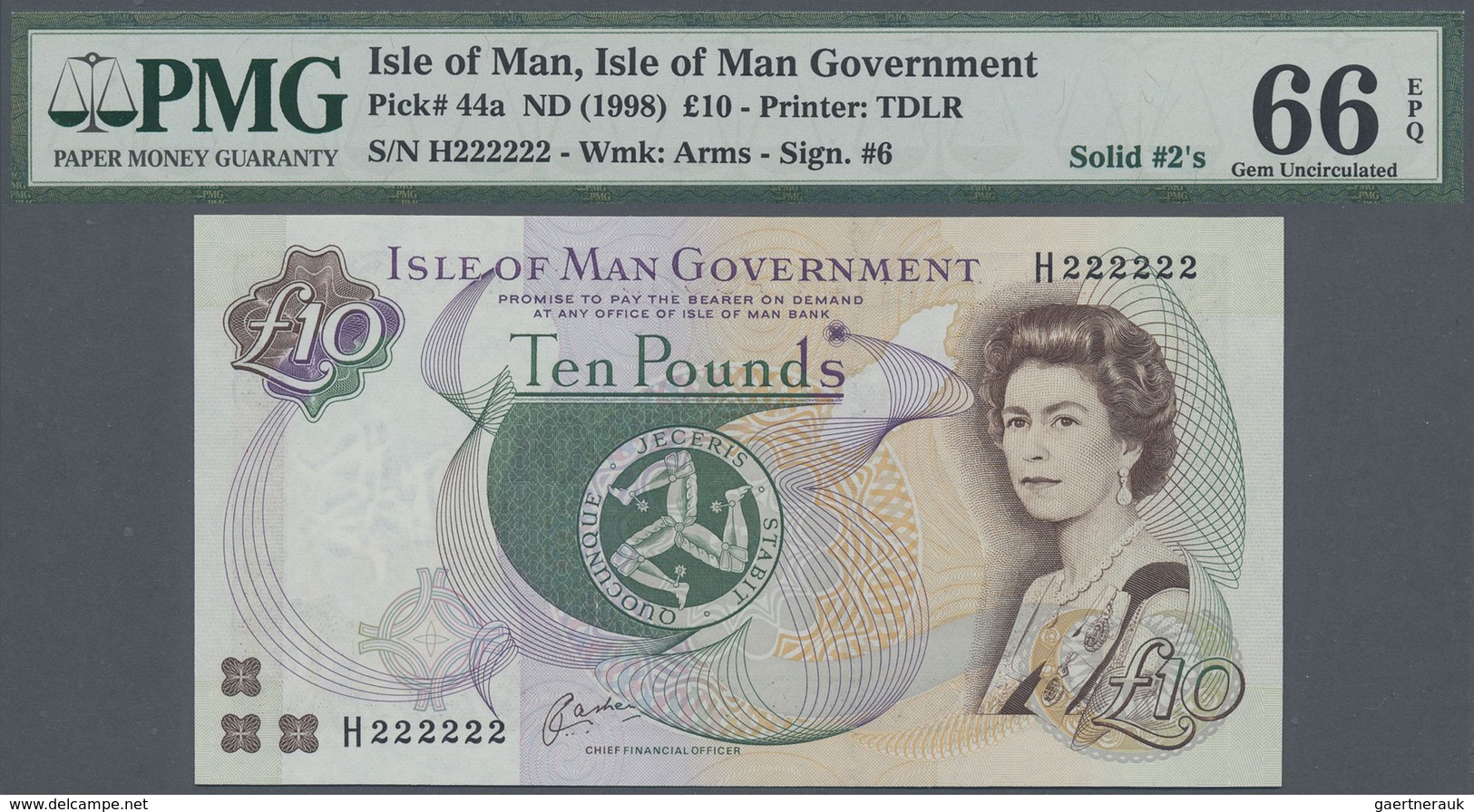 Isle Of Man: 10 Pounds ND(1998), P.44a With Solid Number H 222222 PMG 66 Gem UNC EPQ - Other & Unclassified