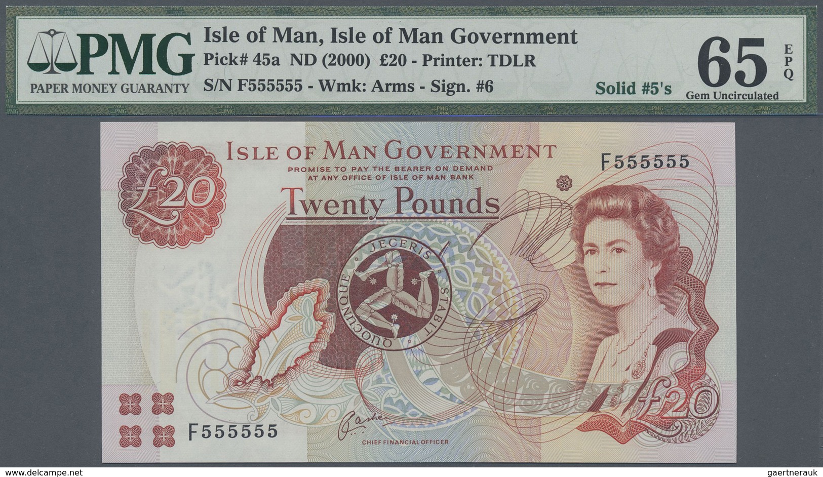 Isle Of Man: 20 Pounds ND(2000), P.45a Solid Number F 555555 PMG 65 Gem UNC EPQ - Altri & Non Classificati