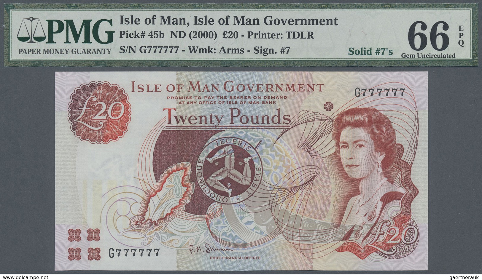 Isle Of Man: 20 Pounds ND(2000), P.45b With Super Solid Number G 777777 (G=7) PMG 66 Gem UNC EPQ - Other & Unclassified