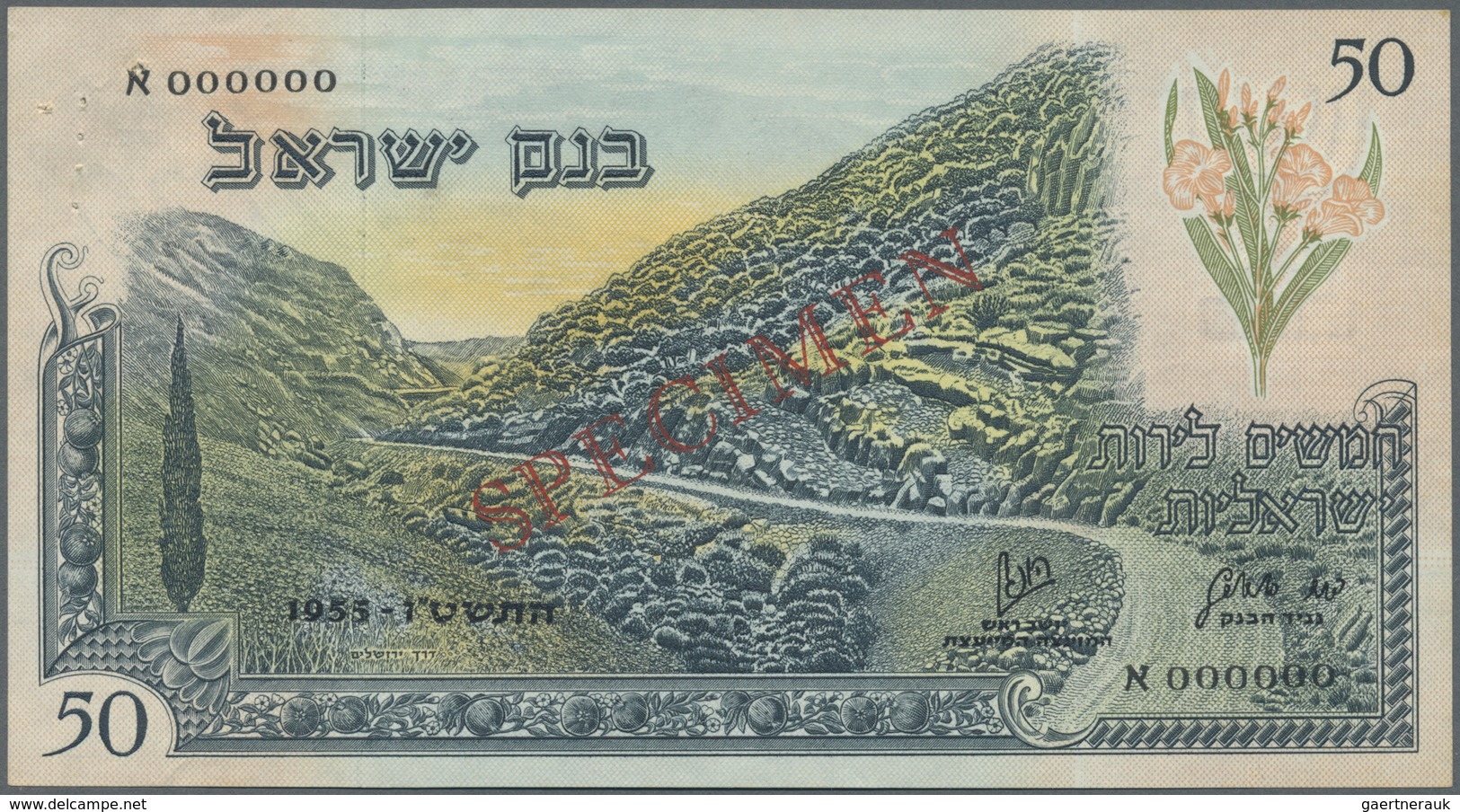 Israel: 50 Pounds 1955 Specimen P. 28as With Zero Serial Numbers And Speicmen Overprint, Unfolded Bu - Israel