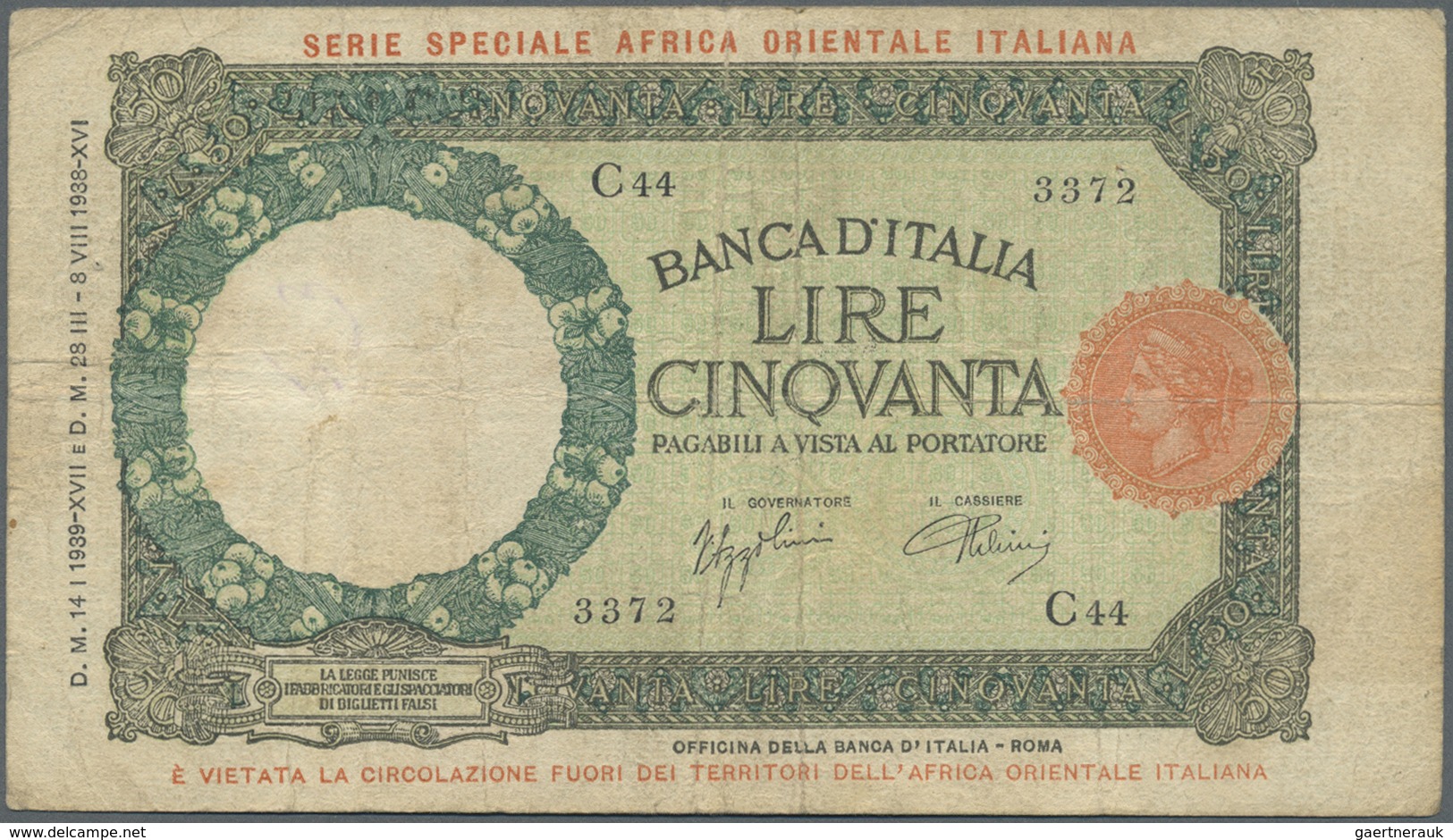 Italian East Africa / Italienisch Ost-Afrika: 50 Lire January 1st 1939, P.1b, Lightly Toned Paper Wi - Afrique Orientale Italienne