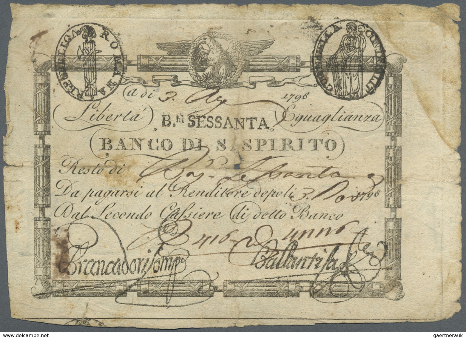 Italian States: Republica Romana, Banco Die Santo Spirito, 60 Baiocchi 03.07.1798, P.S 524 In Well W - Other & Unclassified