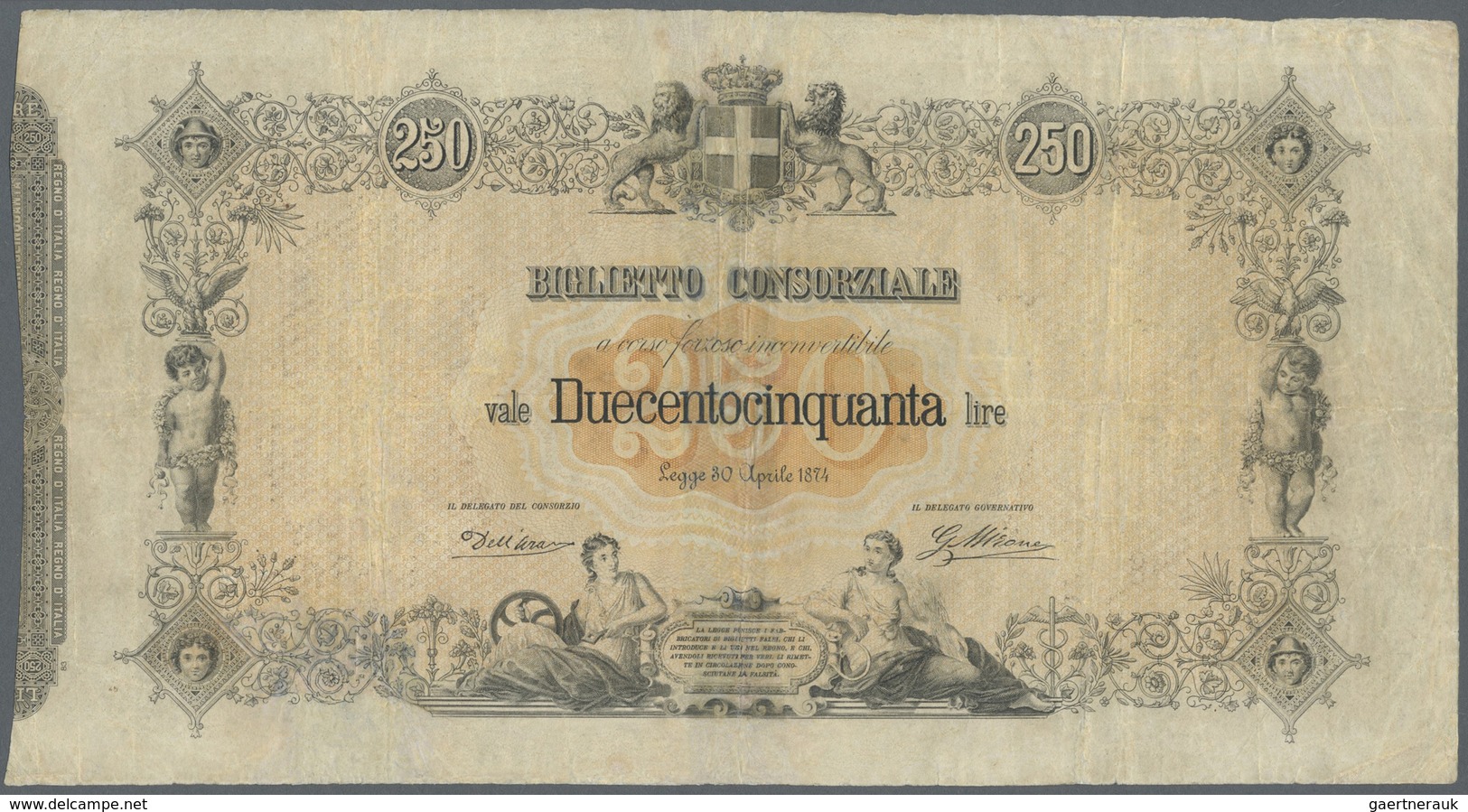 Italy / Italien: 250 Lire 1874 P. 8, Highly Rare Note, Several Folds In Paper, Slight Stain, Profess - Sonstige & Ohne Zuordnung