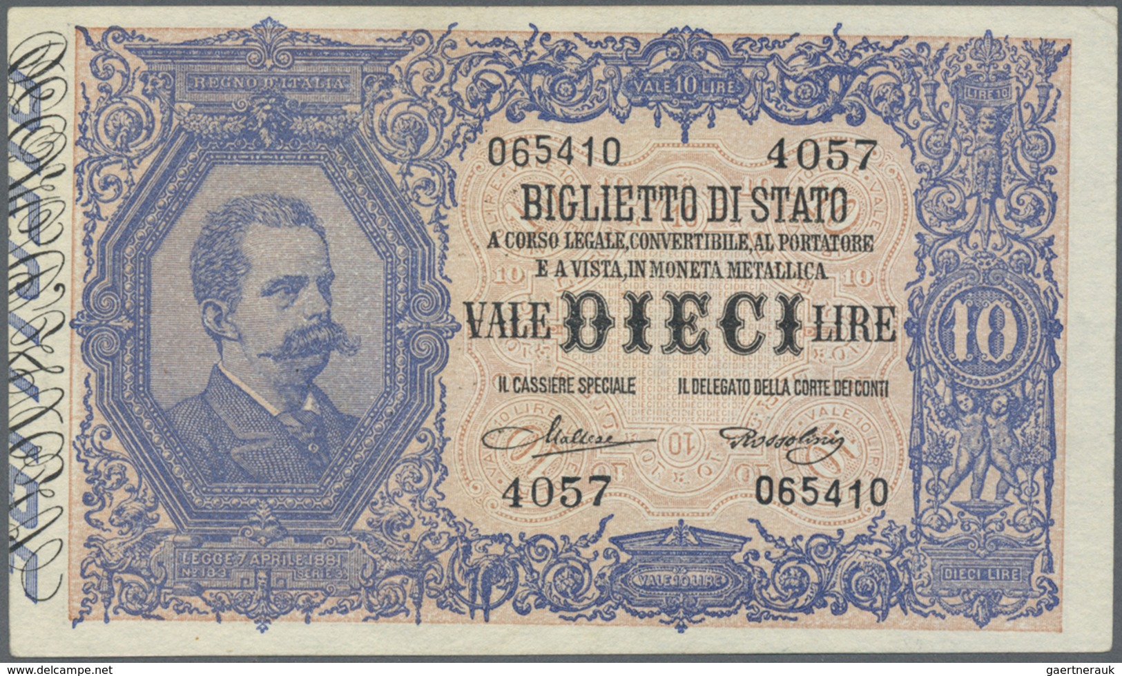 Italy / Italien: 10 Lire L.1888 P. 20h, Verly Light Horizontal Fold, And A Tiny Corner Fold At Upper - Other & Unclassified