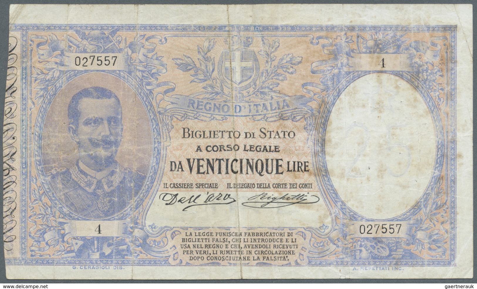 Italy / Italien: 25 Lire 1902 P. 22, Highly Rare Note, Stronger Used With Strong Center Fold As Well - Sonstige & Ohne Zuordnung