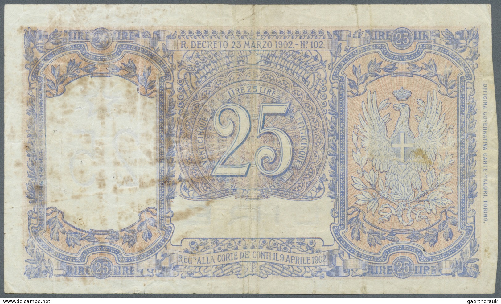 Italy / Italien: 25 Lire 1902 P. 22, Highly Rare Note, Stronger Used With Strong Center Fold As Well - Sonstige & Ohne Zuordnung