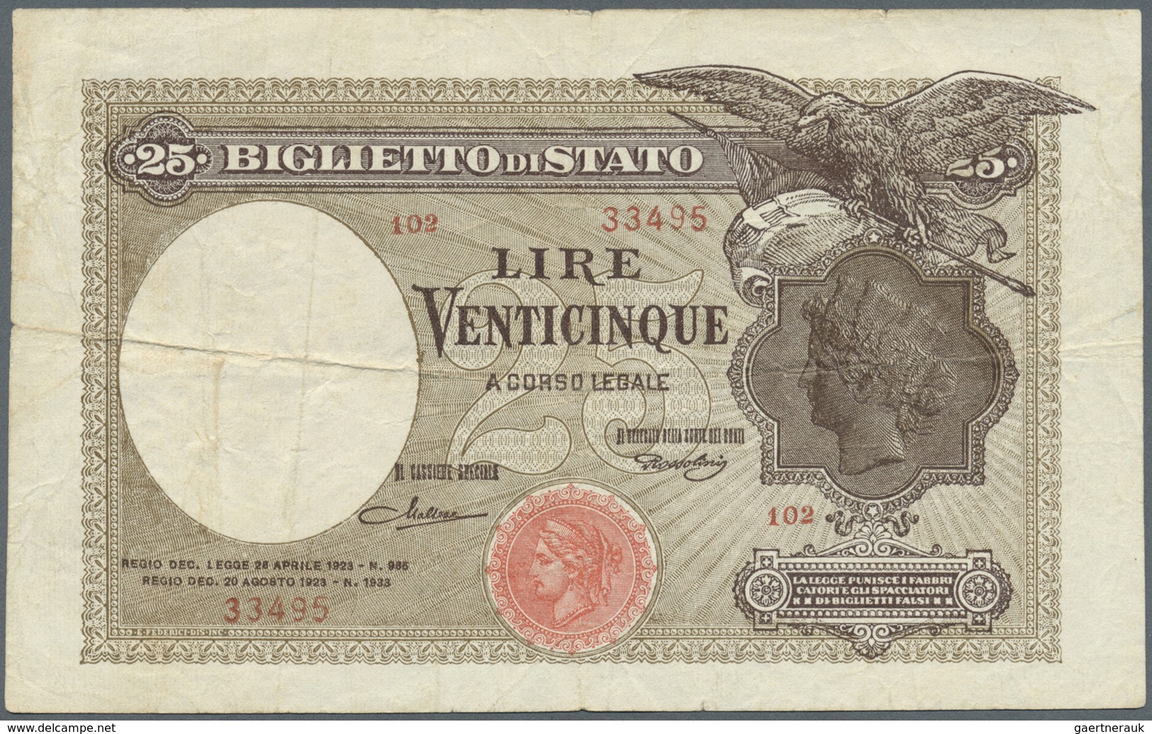 Italy / Italien: 25 Lire 1923 P. 24a, Used With Folds And Creases, Minor Center Holes, Not Washed Or - Sonstige & Ohne Zuordnung