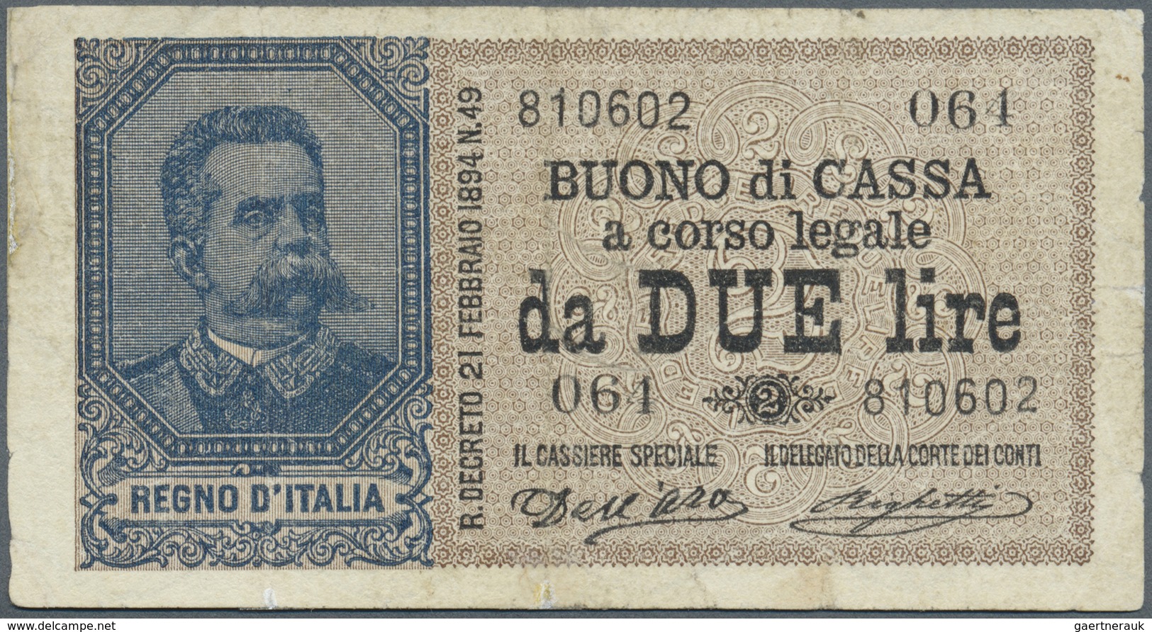 Italy / Italien: 2 Lire 1894 P. 35, Used With Creases In Paper, No Holes Or Tears, Condition: F. - Other & Unclassified