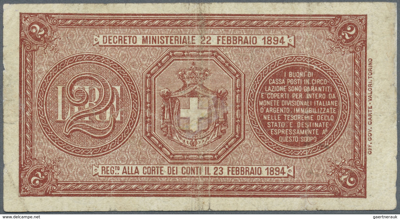 Italy / Italien: 2 Lire 1894 P. 35, Used With Creases In Paper, No Holes Or Tears, Condition: F. - Other & Unclassified