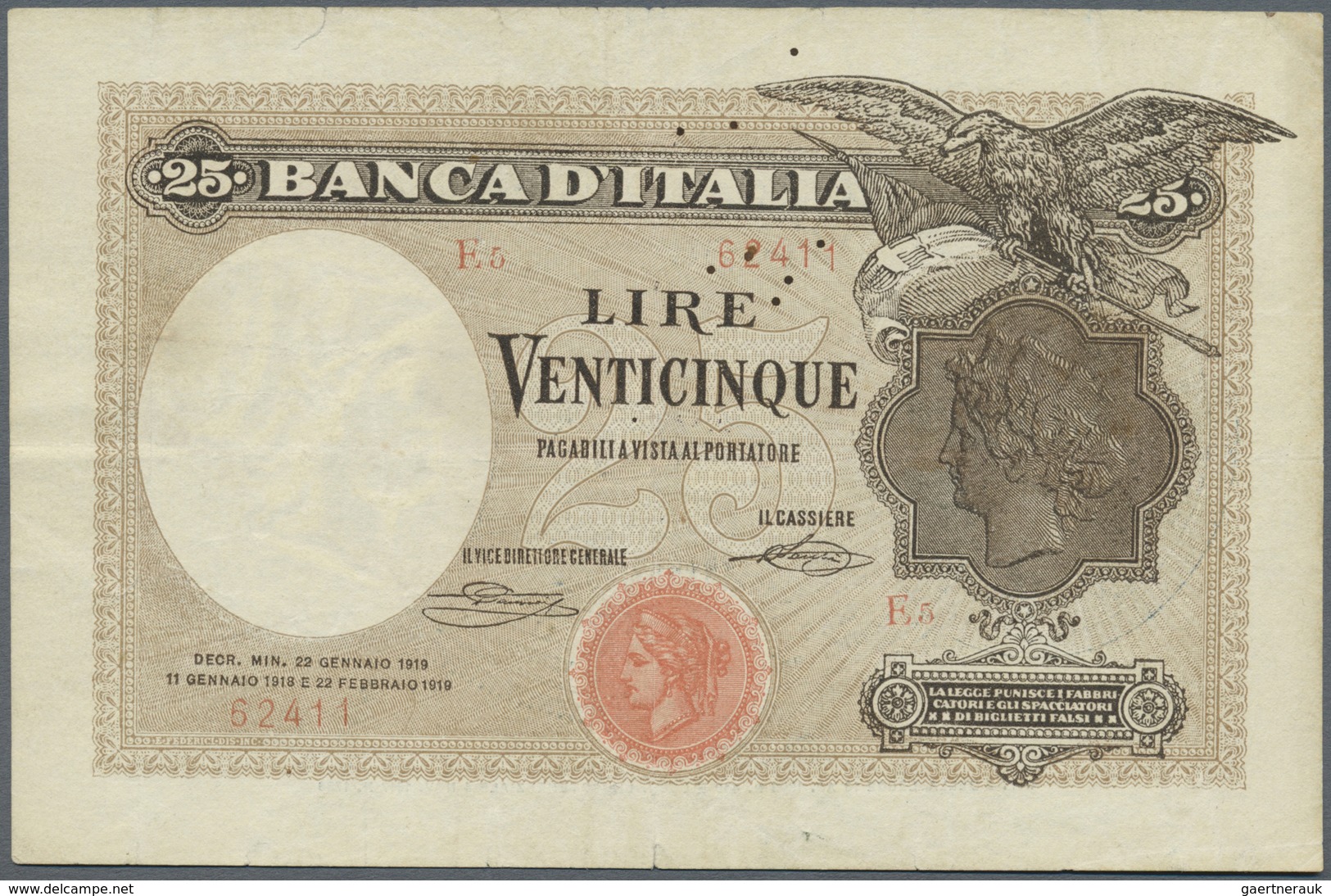 Italy / Italien: 25 Lire 1918/1919 P. 42b, Seldom Seen Issue, This One Is Vertically And Horizontall - Altri & Non Classificati