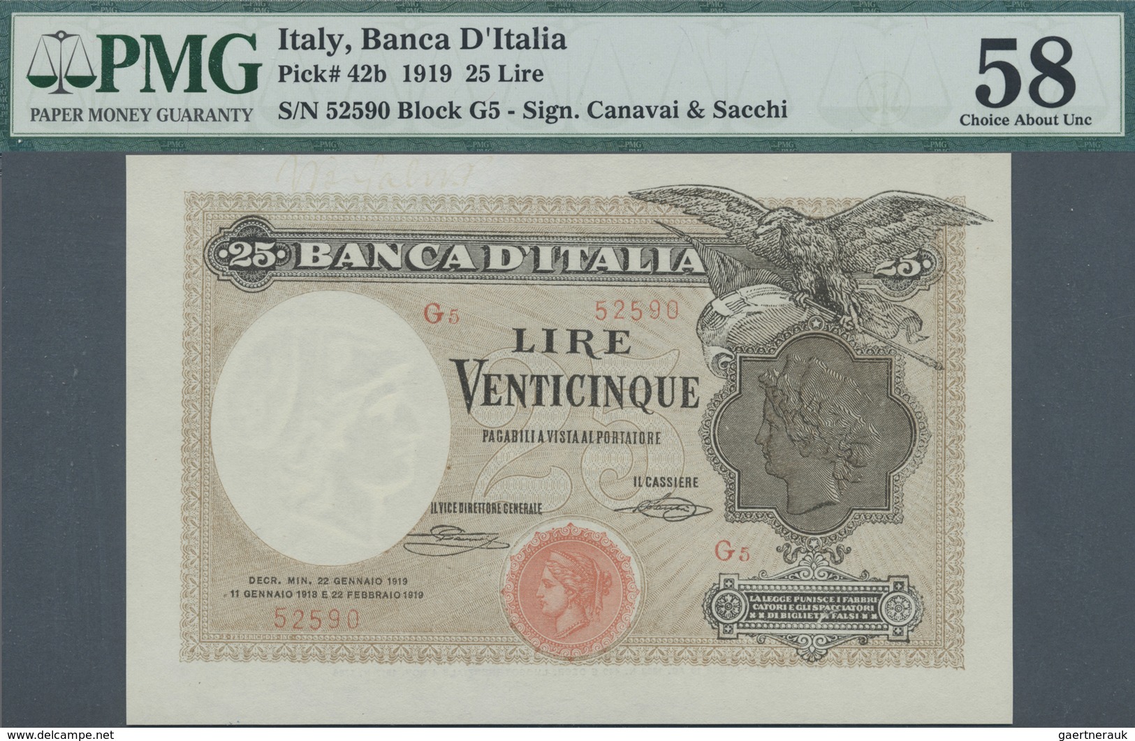 Italy / Italien: 25 Lire 1919, P.42b, Almost Perfect Condition With Small Annotations At Upper Margi - Other & Unclassified