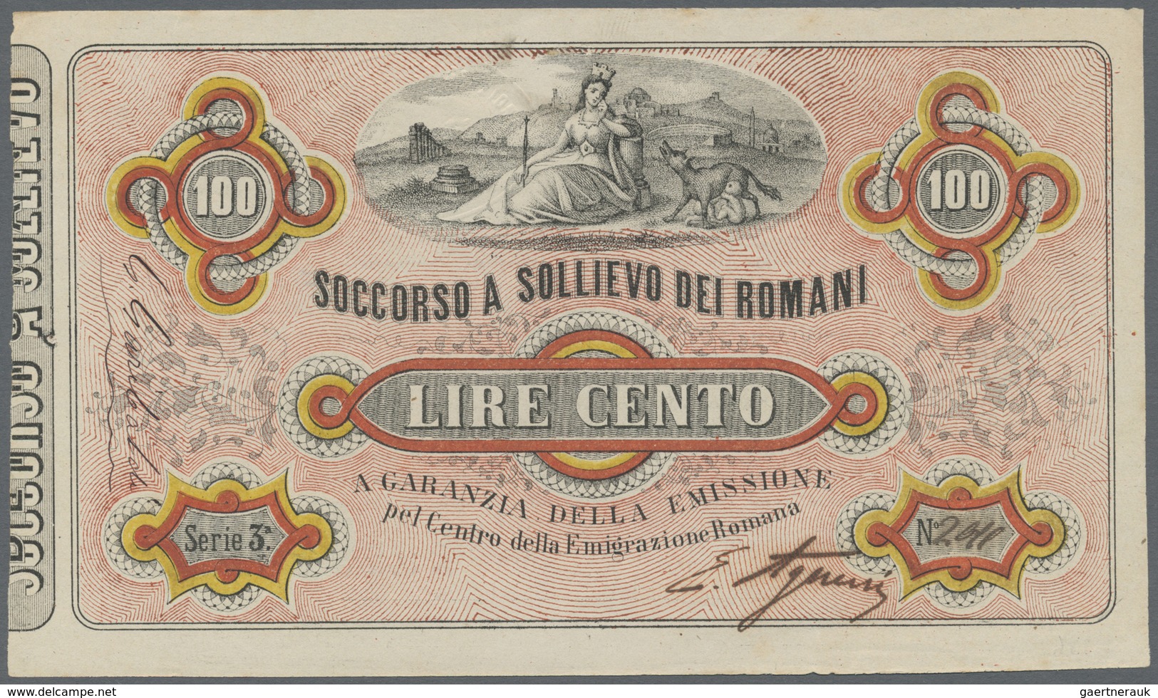 Italy / Italien: Soccorso A Sollievo Dei Romani 100 Lire ND(1867) P. NL, Crisp Original Without Dama - Other & Unclassified
