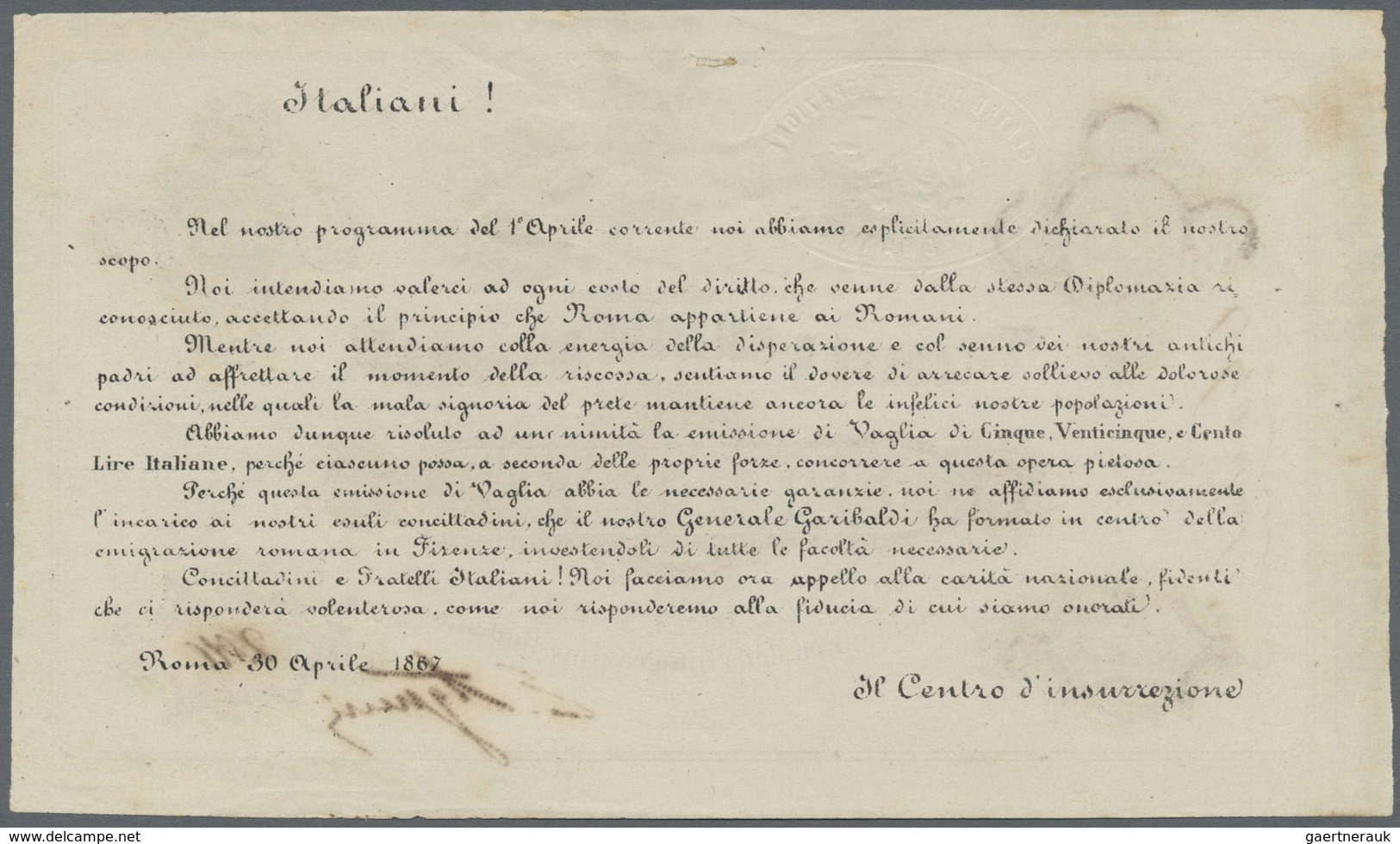 Italy / Italien: Soccorso A Sollievo Dei Romani 100 Lire ND(1867) P. NL, Crisp Original Without Dama - Altri & Non Classificati