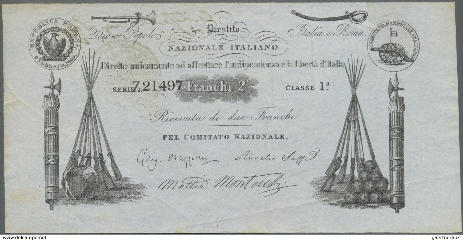 Italy / Italien: 2 Franchi 1849 Prestitio Natzionale Italiano, Rare Note, Stamped On Back, Light Fol - Other & Unclassified