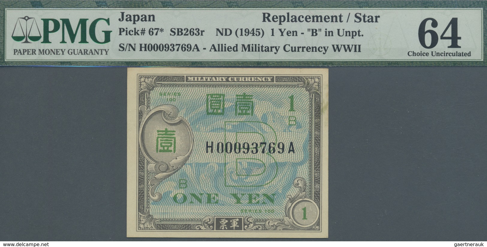 Japan: 1 Yen ND(1945) Replacement H000936769A P. 67*, Condition: PMG Graded 64 Choice UNC. - Japan