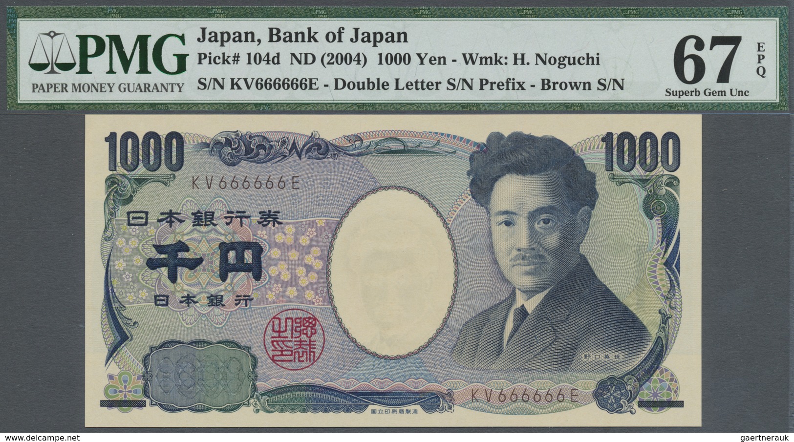 Japan: 1000 Yen ND(2004), P.104d With Solid Number KV 666666 E PMG 64 Superb Gem UNC EPQ - Japan