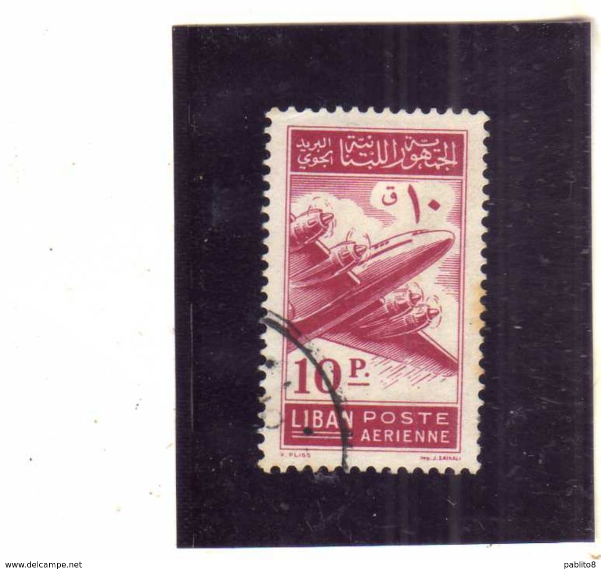 LIBANO LEBANON LIBAN 1953 AIR MAIL POSTA AEREA AERIENNE Lockheed Constellation 10p USATO USED OBLITERE' - Libano