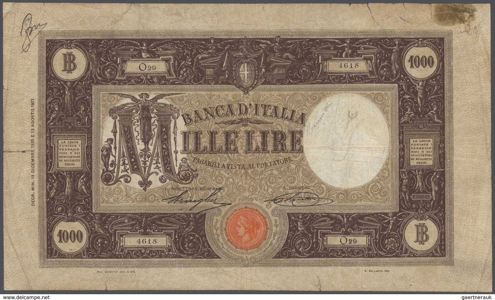 Italy / Italien: 1000 Lire 1925 P. 46, A Bit Stronger Used, Strong Center Fold, A Few Border Tears O - Other & Unclassified