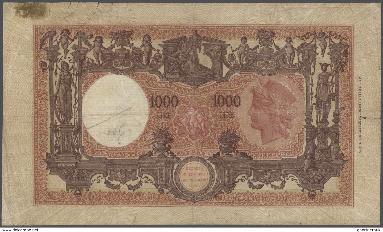 Italy / Italien: 1000 Lire 1925 P. 46, A Bit Stronger Used, Strong Center Fold, A Few Border Tears O - Other & Unclassified