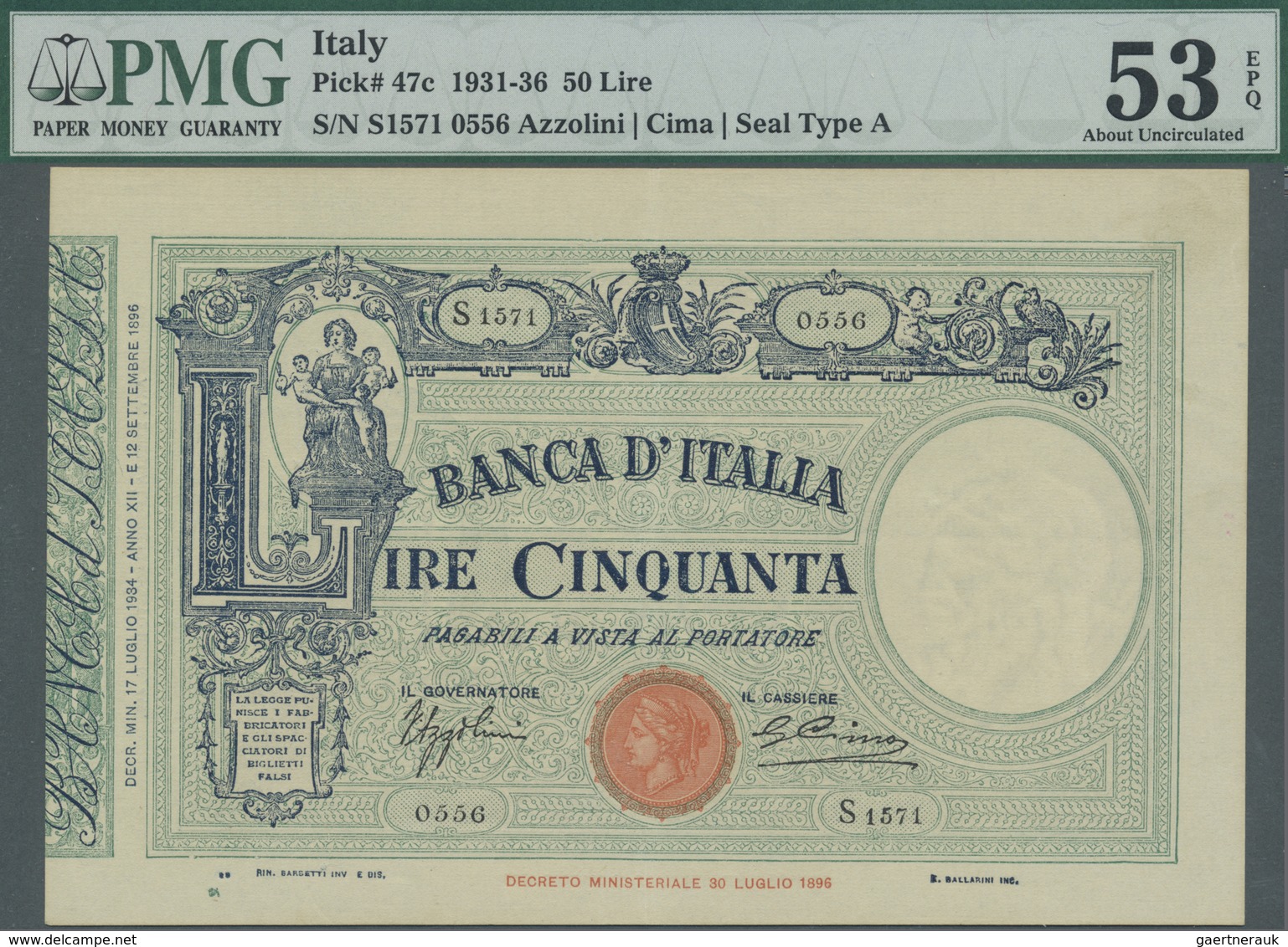 Italy / Italien: 50 Lire 1934 With Signature Azzolini And Cima, P.47c, Soft Vertical Bend At Center - Other & Unclassified