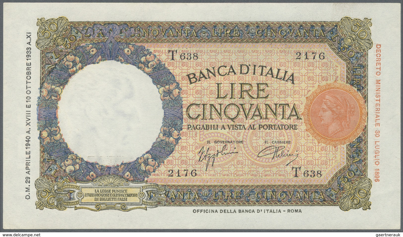 Italy / Italien: Set Of 2 Nearly Consecutive Notes 50 Lire 1940 P. 54b, Numbers #2178 And #2176 Very - Other & Unclassified