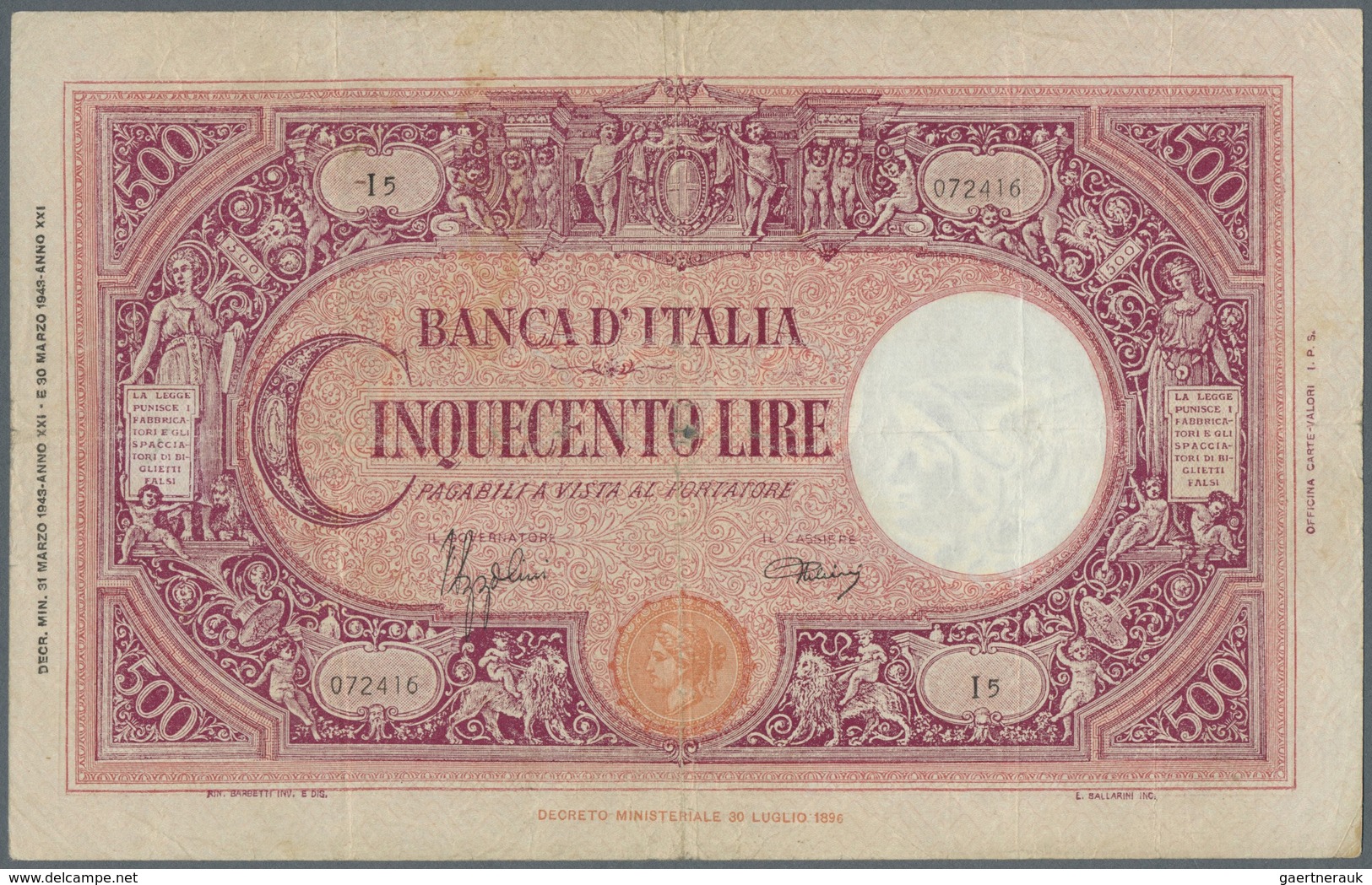 Italy / Italien: 500 Lire 1943 P. 69, Used With Stronger Folds And Creases, Center Hole, No Tears, C - Sonstige & Ohne Zuordnung