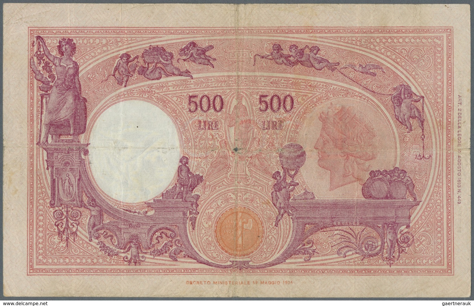 Italy / Italien: 500 Lire 1943 P. 69, Used With Stronger Folds And Creases, Center Hole, No Tears, C - Other & Unclassified