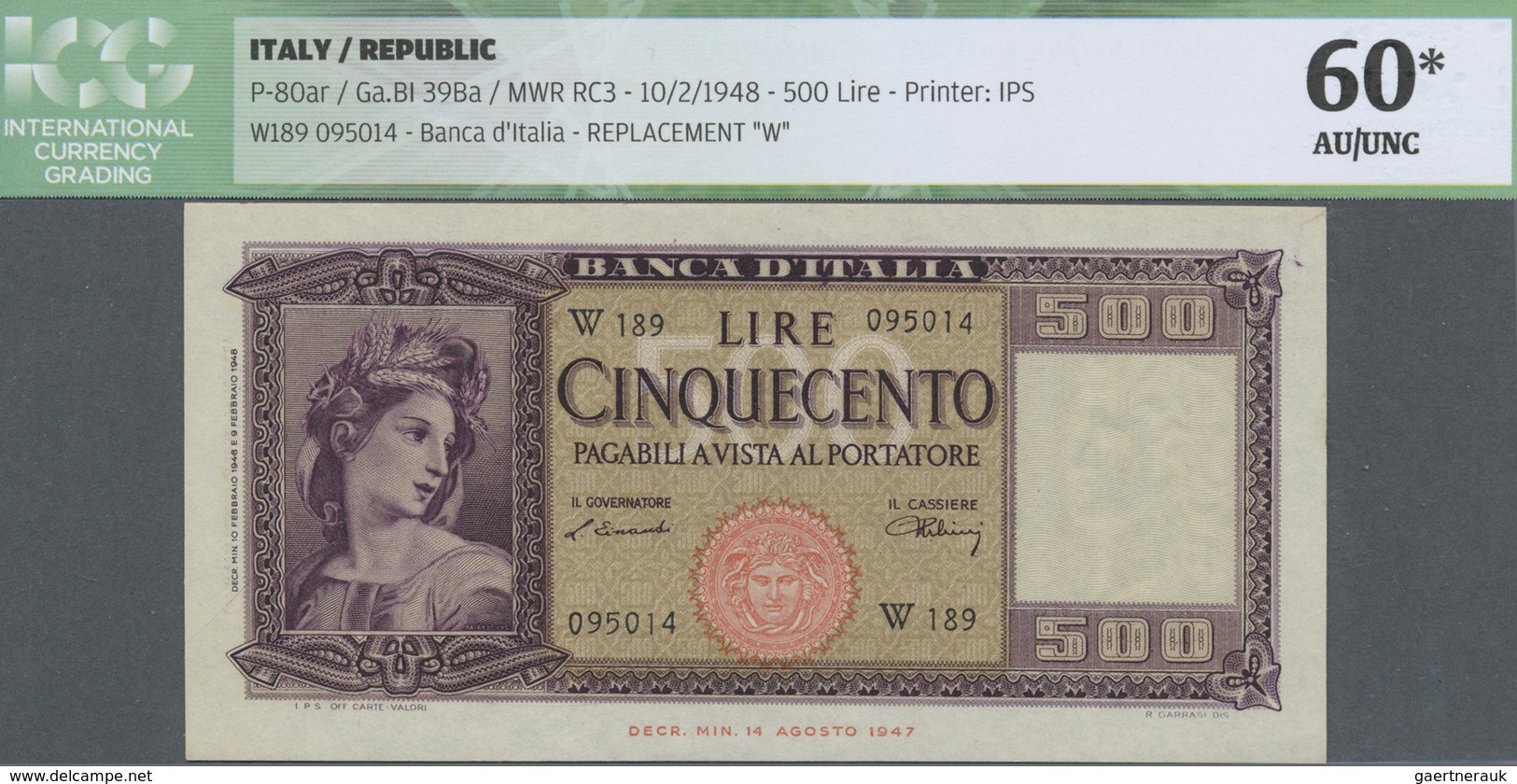 Italy / Italien: 500 Lire 1948 Replacement With Series "W", P.80ar, Almost Perfect Condition With A - Other & Unclassified