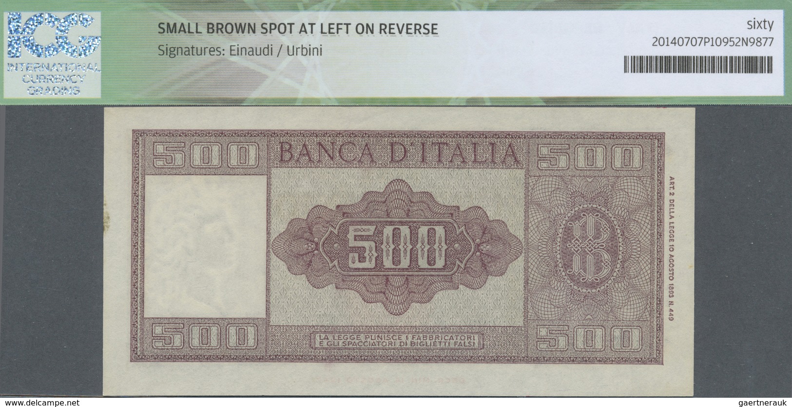 Italy / Italien: 500 Lire 1948 Replacement With Series "W", P.80ar, Almost Perfect Condition With A - Sonstige & Ohne Zuordnung