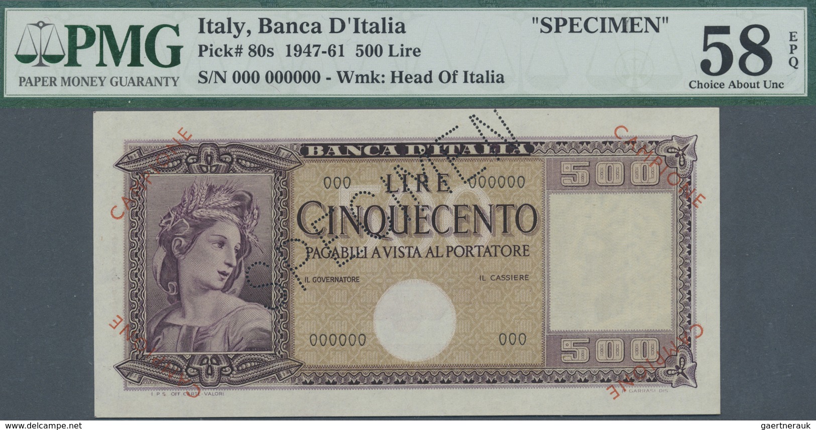 Italy / Italien: 500 Lire ND(1947-61) Specimen P. 80s, PMG Graded 58 Choice AUNC EPQ. - Sonstige & Ohne Zuordnung