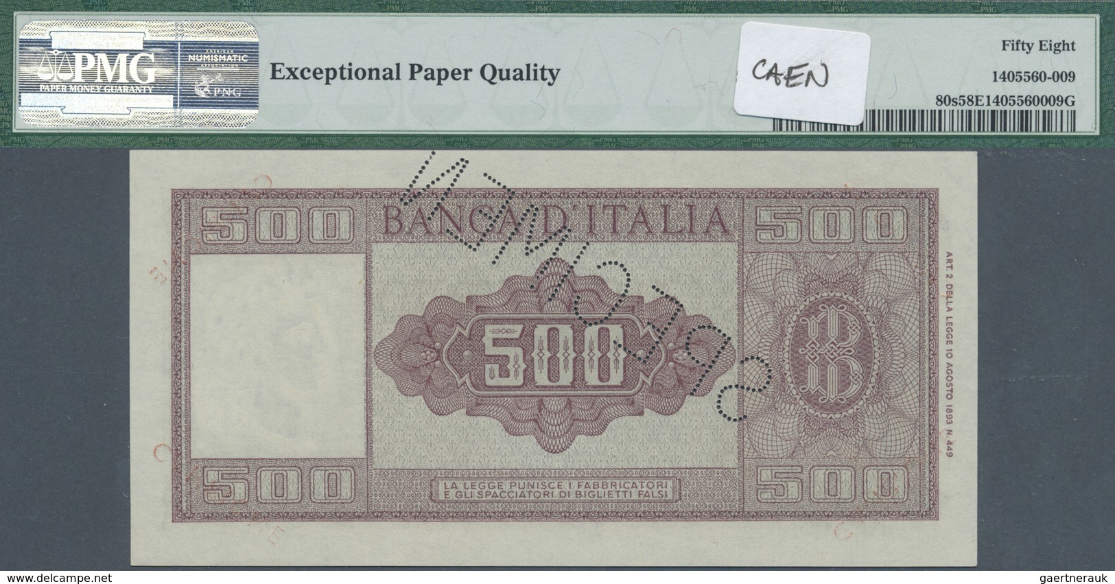 Italy / Italien: 500 Lire ND(1947-61) Specimen P. 80s, PMG Graded 58 Choice AUNC EPQ. - Other & Unclassified