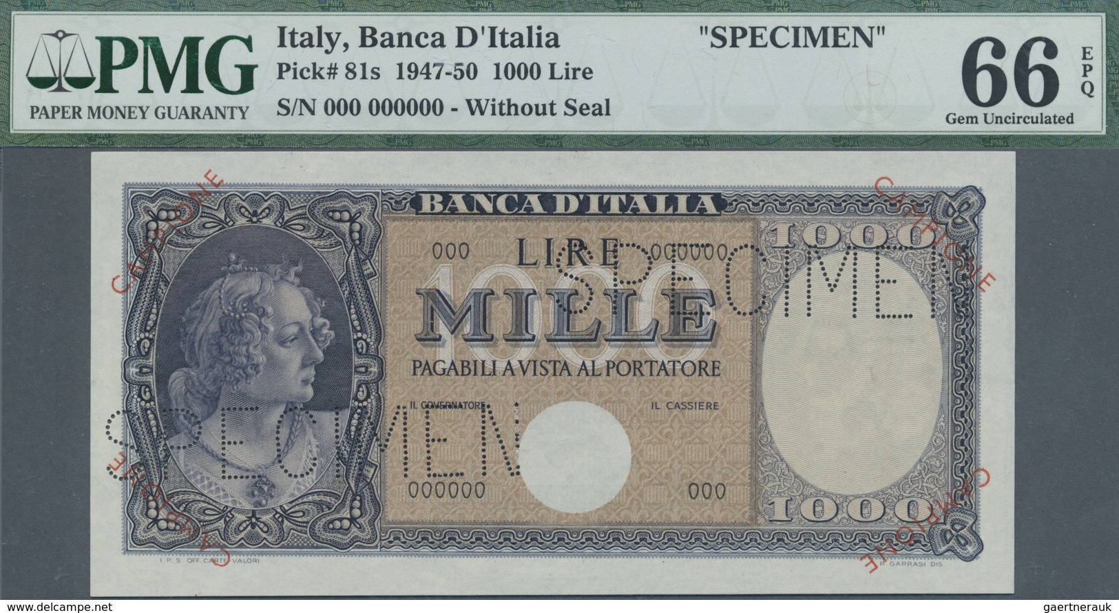 Italy / Italien: 1000 Lire ND(1947-50) Specimen P. 81s, PMG Graded 66 Gem UNC EPQ. - Other & Unclassified