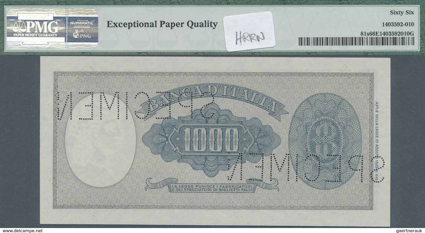 Italy / Italien: 1000 Lire ND(1947-50) Specimen P. 81s, PMG Graded 66 Gem UNC EPQ. - Other & Unclassified