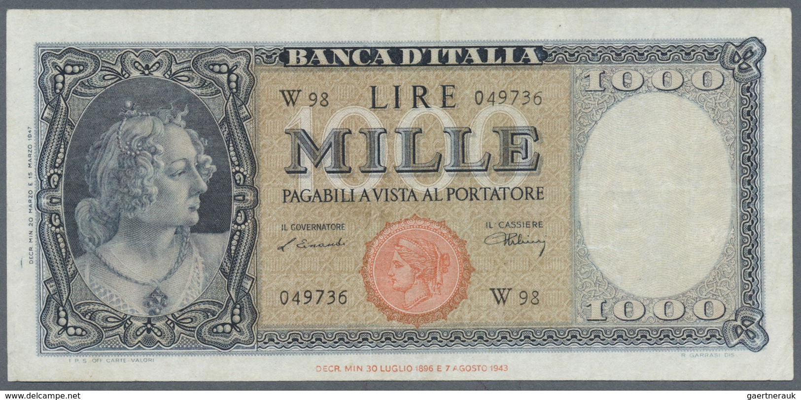 Italy / Italien: 1000 Lire 1947 P. 82, Bi 690sp, REPLACEMENT Note With Letter "W", Used With Folds B - Sonstige & Ohne Zuordnung