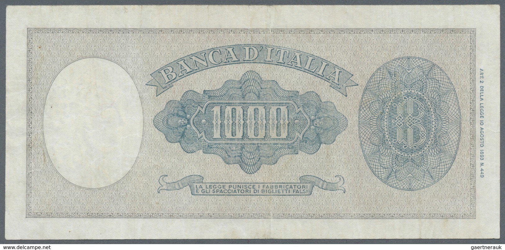 Italy / Italien: 1000 Lire 1947 P. 82, Bi 690sp, REPLACEMENT Note With Letter "W", Used With Folds B - Other & Unclassified