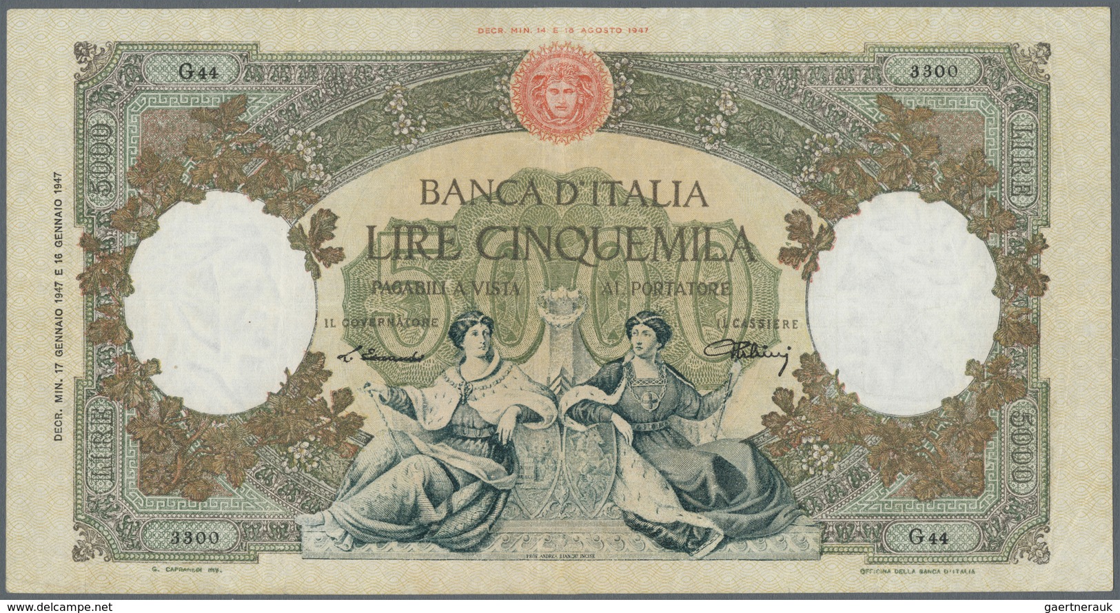 Italy / Italien: 5000 Lire 1947 P. 85a, Light Folds In Paper, Washed And Pressed But Still Strong Pa - Other & Unclassified