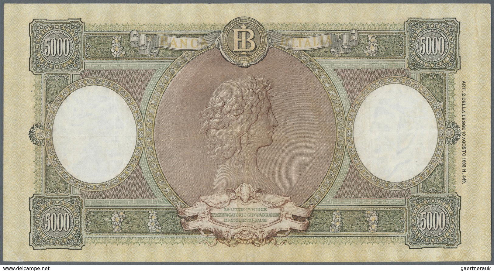 Italy / Italien: 5000 Lire 1947 P. 85a, Light Folds In Paper, Washed And Pressed But Still Strong Pa - Altri & Non Classificati