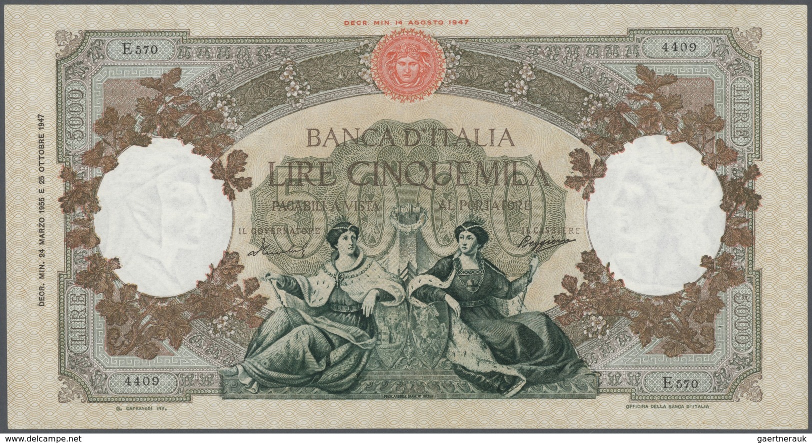 Italy / Italien: 5000 Lire 1955 P. 85c / Bi788, Pressed But Very Crisp And Colorful Without Holes, T - Other & Unclassified