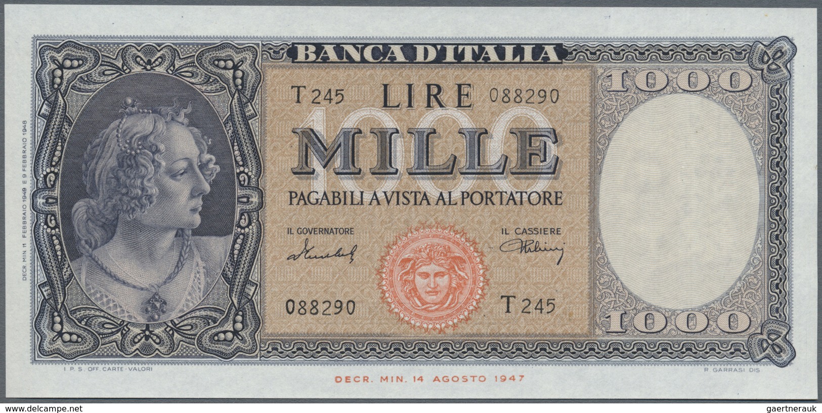 Italy / Italien: Set Of 2 CONSECUTIVE Notes 1000 Lire 1949 P. 88b, Numbers 088289, 088290 With Only - Sonstige & Ohne Zuordnung