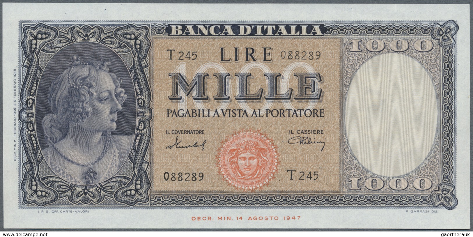 Italy / Italien: Set Of 2 CONSECUTIVE Notes 1000 Lire 1949 P. 88b, Numbers 088289, 088290 With Only - Sonstige & Ohne Zuordnung