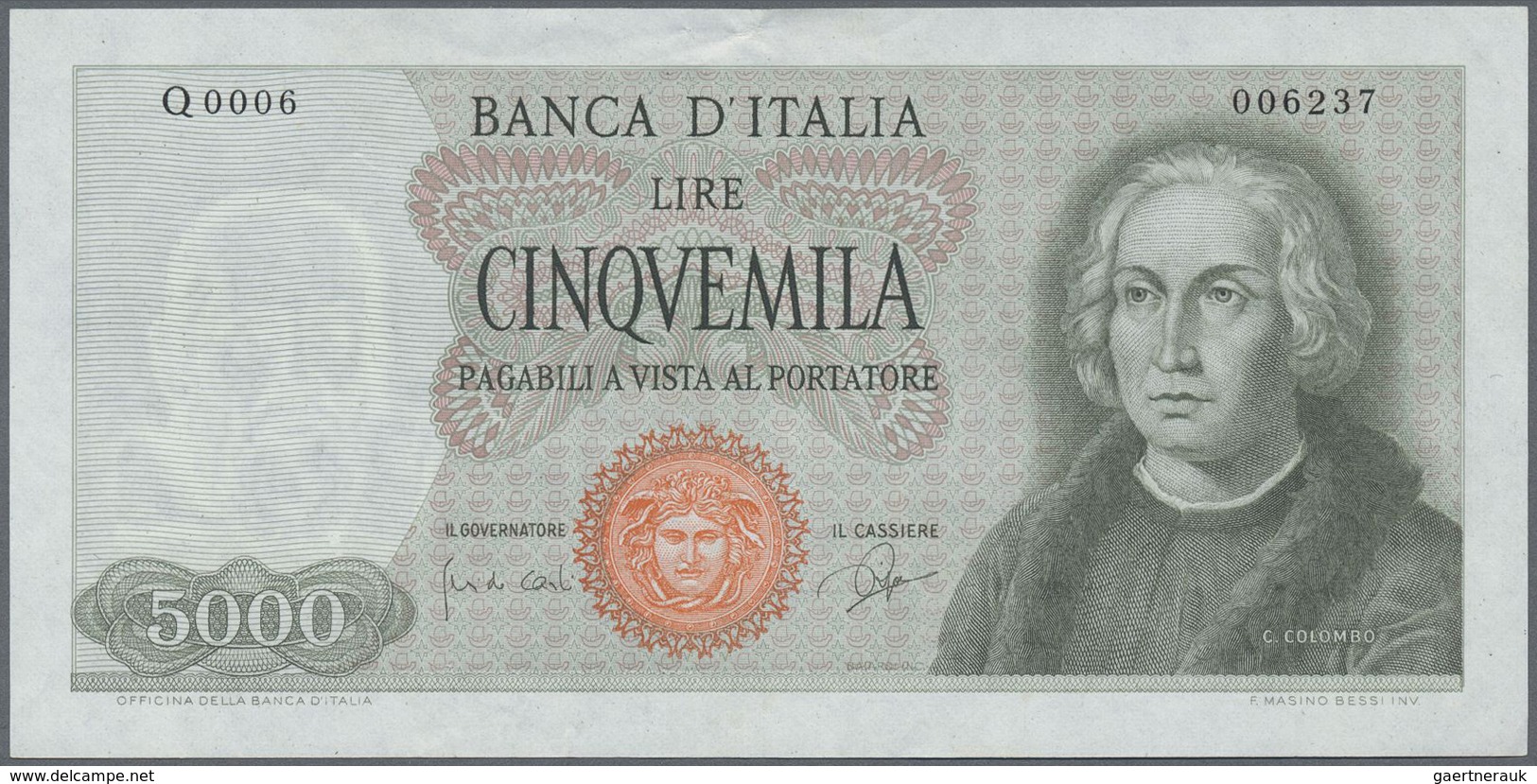 Italy / Italien: 5000 Lire 1964, P.98a, Soft Vertical Bend At Center And A Few Minor Creases At Uppe - Other & Unclassified