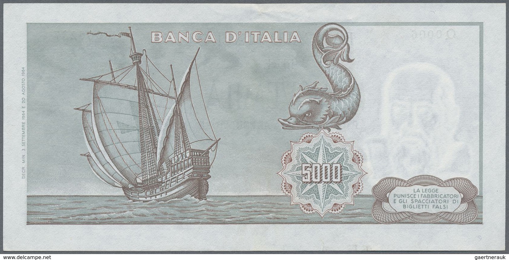 Italy / Italien: 5000 Lire 1964, P.98a, Soft Vertical Bend At Center And A Few Minor Creases At Uppe - Other & Unclassified