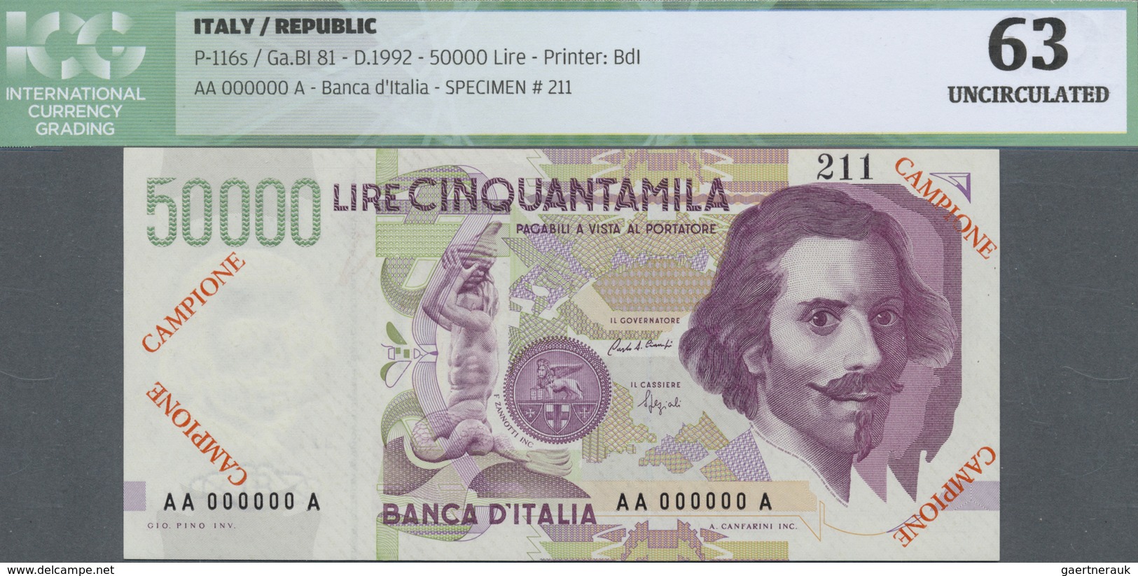 Italy / Italien: 50.000 Lire D.1992 SPECIMEN, P.116s In Almost Perfect Condition, ICG Graded 63 Unci - Other & Unclassified