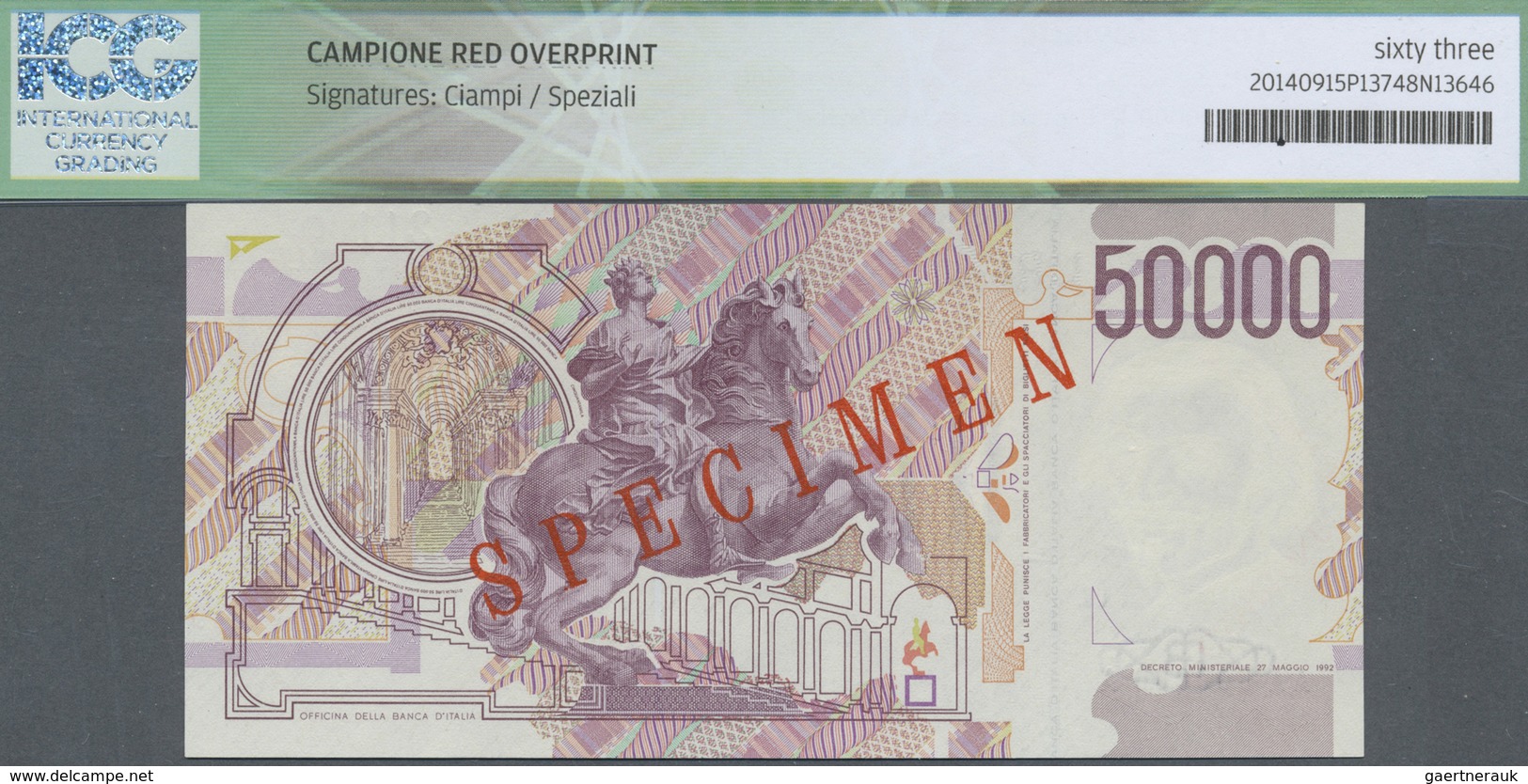 Italy / Italien: 50.000 Lire D.1992 SPECIMEN, P.116s In Almost Perfect Condition, ICG Graded 63 Unci - Other & Unclassified